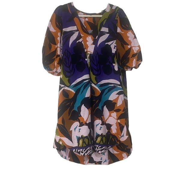 For Cynthia Linen Blend Puff Sleeve Bold Print V-neck Shirt Dress Size L - Picture 5 of 9